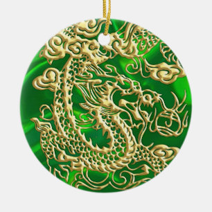 Ornamento De Cerâmica Dragão Dourado Embutido em Seda Verde