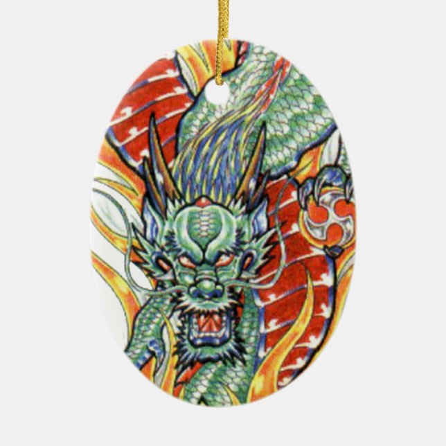 Ornamento De Cerâmica Dragão japonês e Flor de Lotus (Frente)