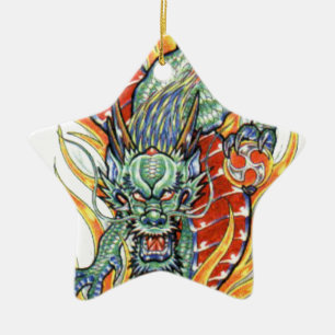 Ornamento De Cerâmica Dragão Japonês e Flor de Lótus