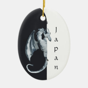 Ornamento De Cerâmica Dragão japonês preto, Natal branco