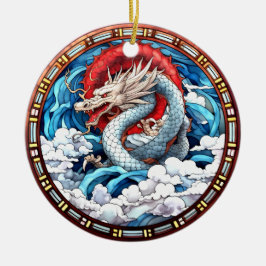 Ornamento De Cerâmica Dragão Mítico Asiático em Vermelho e Azul