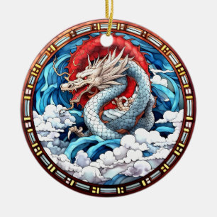 Ornamento De Cerâmica Dragão Mítico Asiático em Vermelho e Azul
