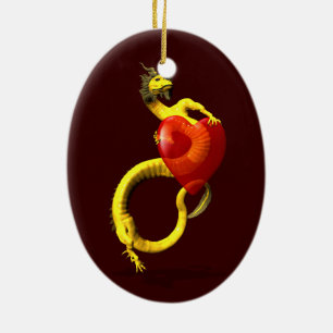 Ornamento De Cerâmica Dragão ouro Com Grande Coração Vermelho