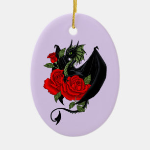Ornamento De Cerâmica Dragão Preto Místico Rosas Vermelhas Lavanda Gótic