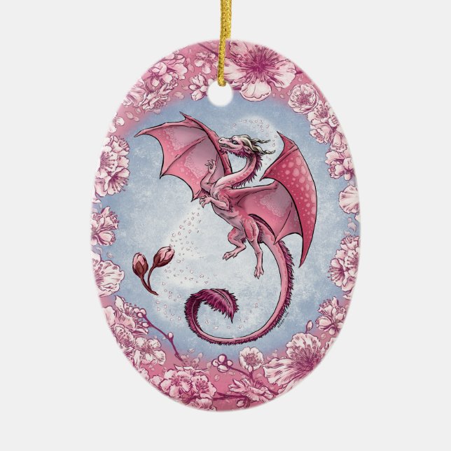 Ornamento De Cerâmica Dragão rosa da Primavera Nature Fantasy Art (Frente)