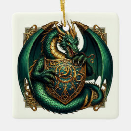 Ornamento De Cerâmica Dragão Verde com Escudo Dragão