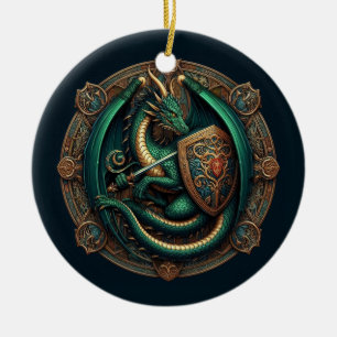 Ornamento De Cerâmica Dragão Verde com Espada