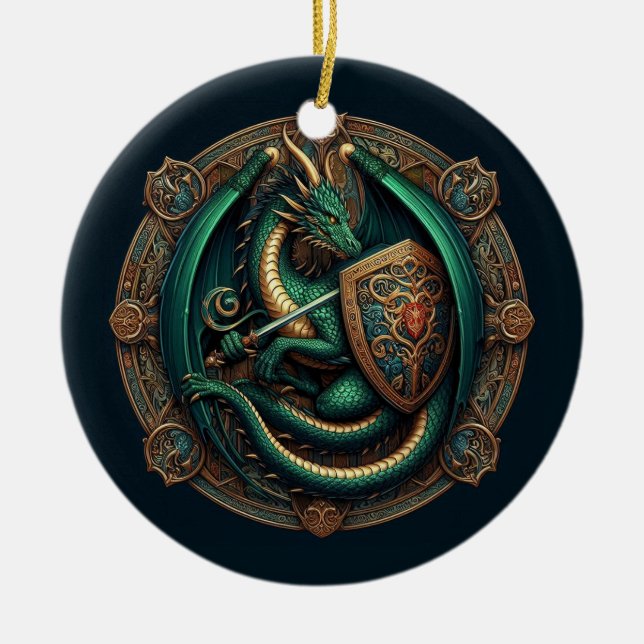 Ornamento De Cerâmica Dragão Verde com Espada (Frente)