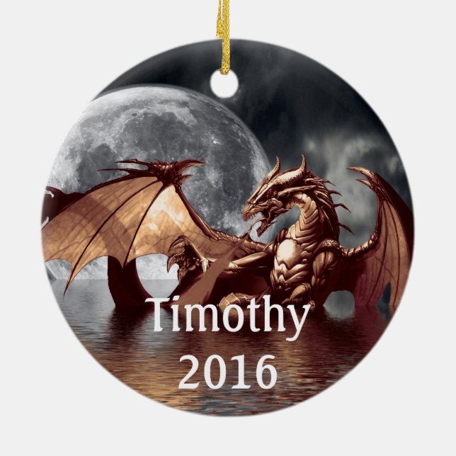 Ornamento De Cerâmica Dragon Moon Fantasy Tree Ornament (Traseira)