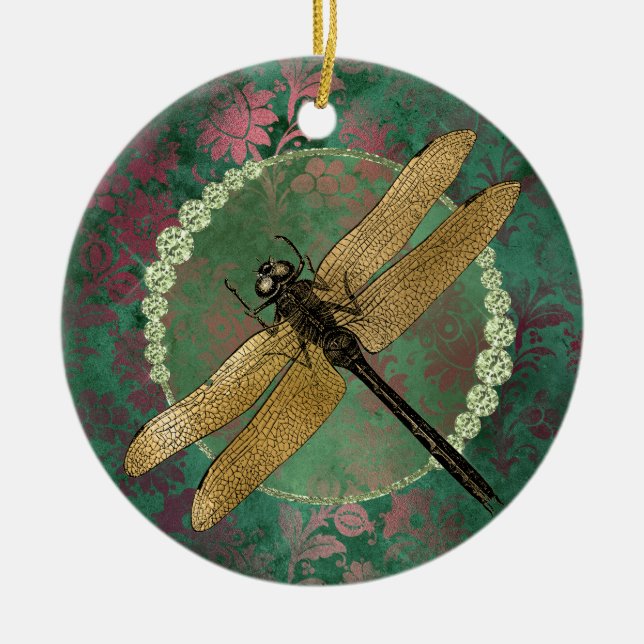 Ornamento De Cerâmica Dragonfly Dourada Elegante em Verde com Rinestones (Frente)