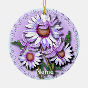 Ornamento De Cerâmica Dragonfly Purple Daisies