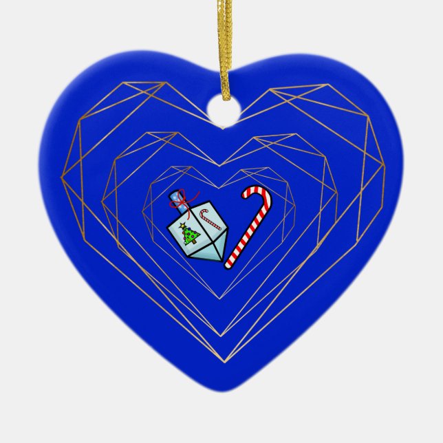 Ornamento De Cerâmica Dreidel Candy Cane Heart Chrismukkah Ornament (Frente)
