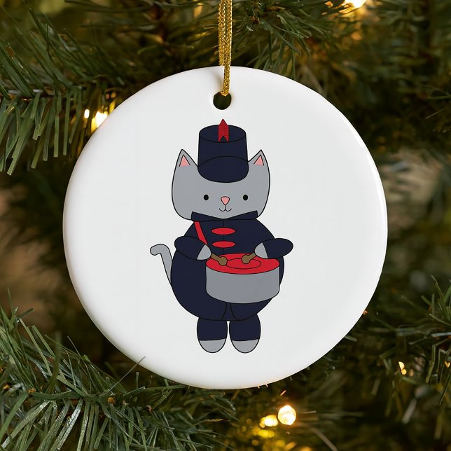 Ornamento De Cerâmica Drums Marching Band Cat Navy Blue Red Personalize (An ornament featuring a cat playing the snare drum in a navy blue & red marching band uniform.)