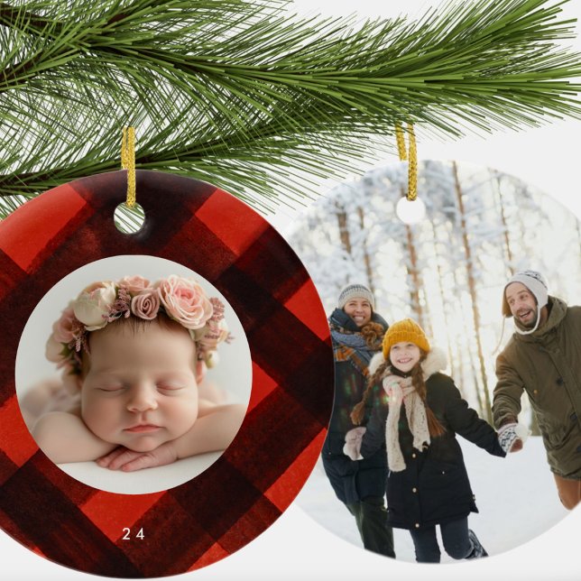 Ornamento De Cerâmica Duas Fotografias de Natal Pintadas Xadrez Vermelha (Criador carregado)