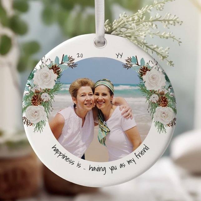 Ornamento De Cerâmica Duas Fotografias Felicidade é Você Amigo Rosa e Pi (Happiness is .. having you as my friend.  Ornament printed both sides - add 2 photos, year and names)