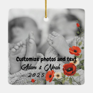 Ornamento De Cerâmica Duas Fotos Texto Personalizado Papoulas Vermelhas 