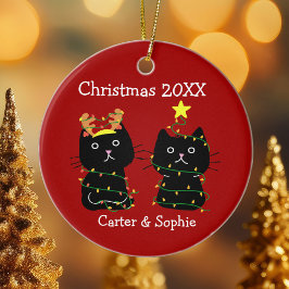 Ornamento De Cerâmica Duas Luzes de Natal Gatos Nomes Personalizados Ver
