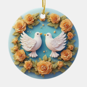 Ornamento De Cerâmica Duas Pombas Brancas em Meio a um Padrão Floral