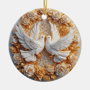 Ornamento De Cerâmica Duas Pombas Brancas em Meio a um Padrão Floral