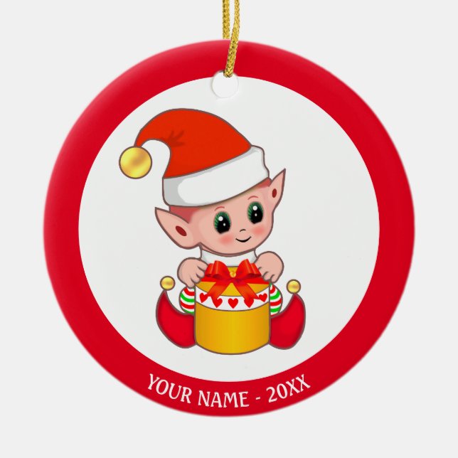 Ornamento De Cerâmica Duende de Natal Bebê & Nome Personalizado (Frente)
