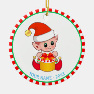 Ornamento De Cerâmica Duende de Natal Bebê & Nome Personalizado