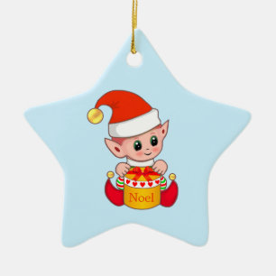 Ornamento De Cerâmica Duende de Natal em Azul Claro