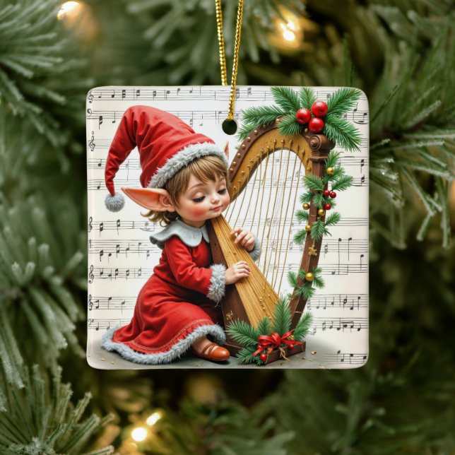 Ornamento De Cerâmica Duende de Natal Tocando uma Harpa (Árvore)