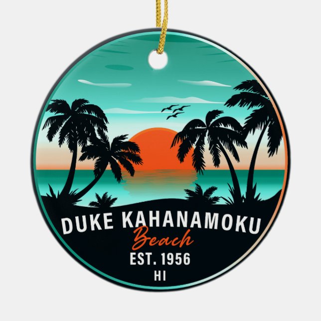 Ornamento De Cerâmica Duke Kahanamoku Beach Hawaii Retro Sunset Souvenir (Frente)