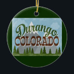 Ornamento De Cerâmica Durango Colorado Divertimento Retro Montanhas Snow<br><div class="desc">Design de neo viagens vintage do Durango Colorado em divertido desenho retrô com montanhas com capas de neve,  florestas e árvores abaixo,  céus azuis e texto legal de roteiro retrô.</div>