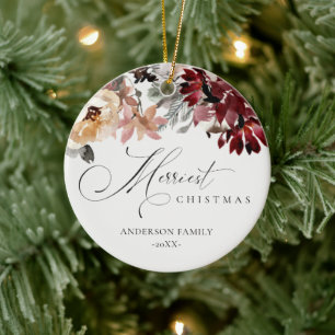 Ornamento De Cerâmica Dusky Red Poinsettia Floral Feliz Natal