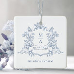 Ornamento De Cerâmica Dusty Blue Classic Floral Crest Wedding Photo<br><div class="desc">This wedding ceramic ornament features a classic dusty blue floral crest,  with a photo on the back.  Perfect for weddings,  birthdays,  graduations,  and other events. For more advanced customization of this design,  please click the BLUE DESIGN TOOL BUTTON above!</div>