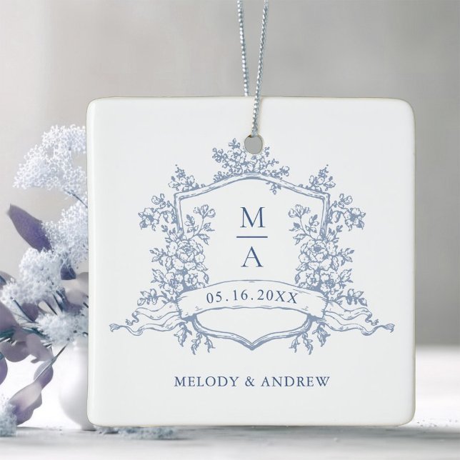 Ornamento De Cerâmica Dusty Blue Classic Floral Crest Wedding Photo  (Criador carregado)