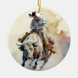 Ornamento De Cerâmica Dusty Western Watercolor "Rodeo Bull Rider"