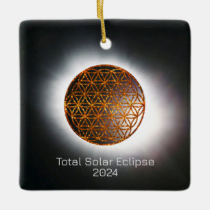 Ornamento De Cerâmica Eclipse Solar 2024 Flor de Vida Dourada com Espuma