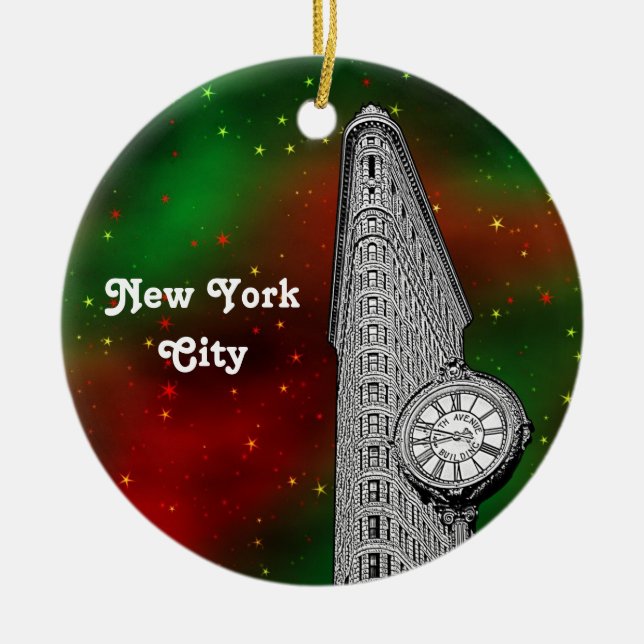 Ornamento De Cerâmica Edifício Flatiron de NYC Vermelho Verde Estrela Na (Frente)