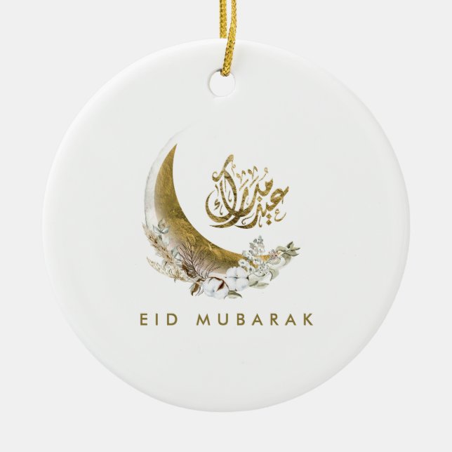 Ornamento De Cerâmica Eid Mubarak | Caligrafia árabe | Lua Dourada (Frente)