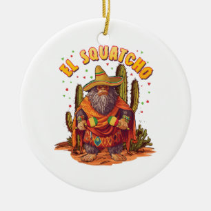 Ornamento De Cerâmica El Squatcho Bigfoot com Maraca, Sombrero e Ponc