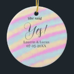 Ornamento De Cerâmica Ela disse sim festa de noivado rosa azul amarelo s<br><div class="desc">Design</div>