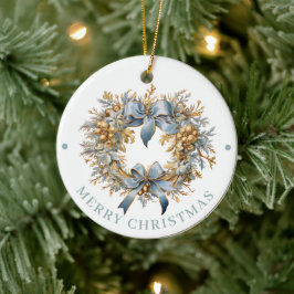 Ornamento De Cerâmica Elaborada Coroa de Natal em Azul e Dourado Feliz N