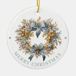 Ornamento De Cerâmica Elaborada Coroa de Natal em Azul e Dourado Feliz N