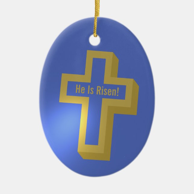 Ornamento De Cerâmica Ele é Risen Dourado Lit Christian Cross Blue Pásco (Frente)