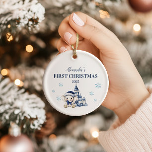 Ornamento De Cerâmica Elefante Azul Personalizado Primeiro Natal
