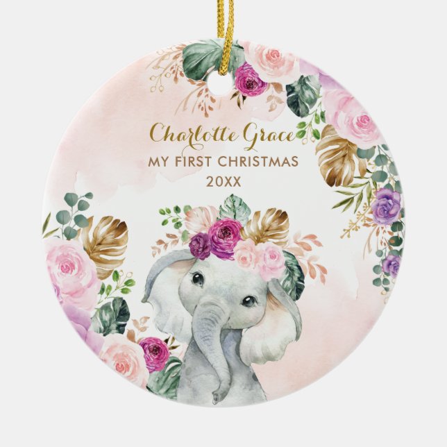 Ornamento De Cerâmica Elefante Bebê 1rua De Natal Blush Verde (Frente)