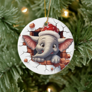 Ornamento De Cerâmica Elefante bebê em Santa Hat - 3D