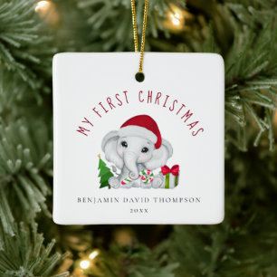 Ornamento De Cerâmica Elefante Bonito de Foto do Primeiro Natal