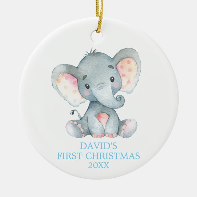 Ornamento De Cerâmica Elefante Cachorro Menino Primeiro Natal Azul (Frente)