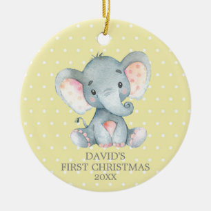 Ornamento De Cerâmica Elefante-Cinto Bebê Primeiro Natal Amarelo e Cinza