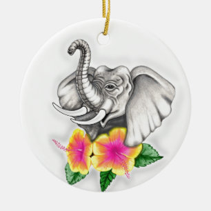 Ornamento De Cerâmica Elefante com Design de Hibiscus