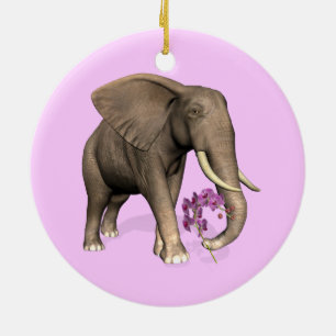 Ornamento De Cerâmica Elefante Com Orquídea Rosa