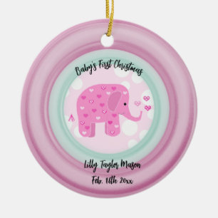 Ornamento De Cerâmica Elefante Cor-de-Rosa Bebê Primeiro Natal Cerâmica